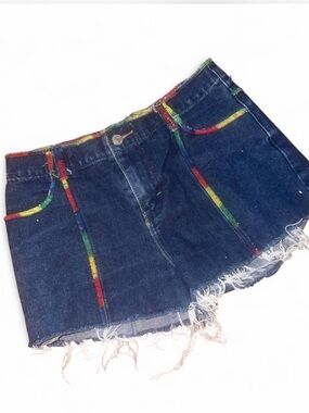 Dark Blue Denim Mini Shorts with Rainbow Stitching